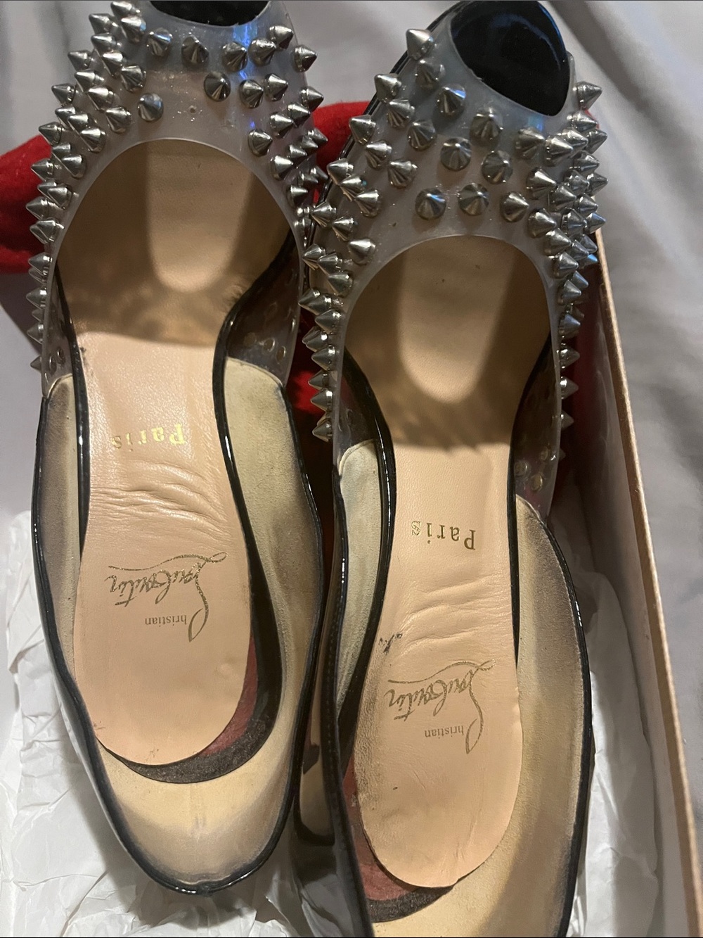 Christian Louboutin Clear PVC Pointed heels with Silver Spikes and Nude Insole